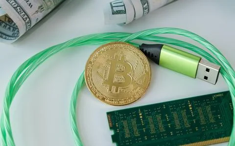 Digital Currency and Technology Concept: A Golden Bitcoin Coin Surrounded b.. Stock Photos