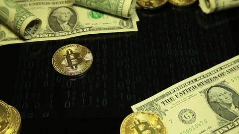 Digital currency Bitcoin and dollars on digital background matrix Stock Footage 83213389