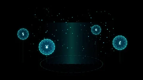 Digital currency coins rotating over glow tech background in futuristic mot.. Vidéo 344835373