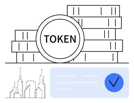 Digital currency concept with token coins, check mark, and cityscape. Ideal for Stock Illustration