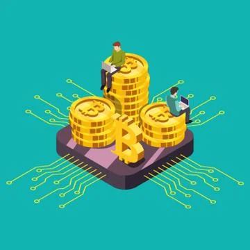 Digital currency cryptocurrency GPU mining Isometric vector illustration. Stock Illustration