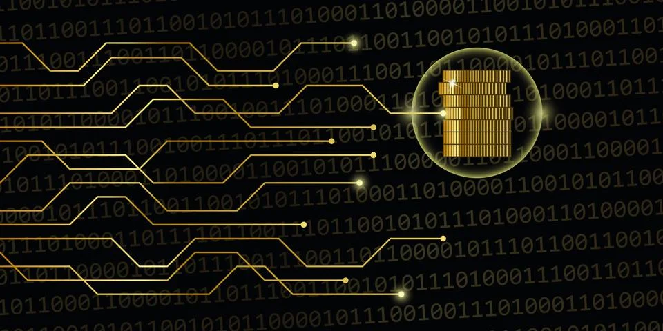 Digital currency on golden binary code with coins Stock Illustration