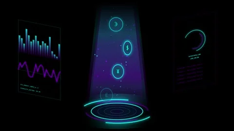 Digital currency icons hovering above glowing platform in futuristic data e.. 動画素材 344651395