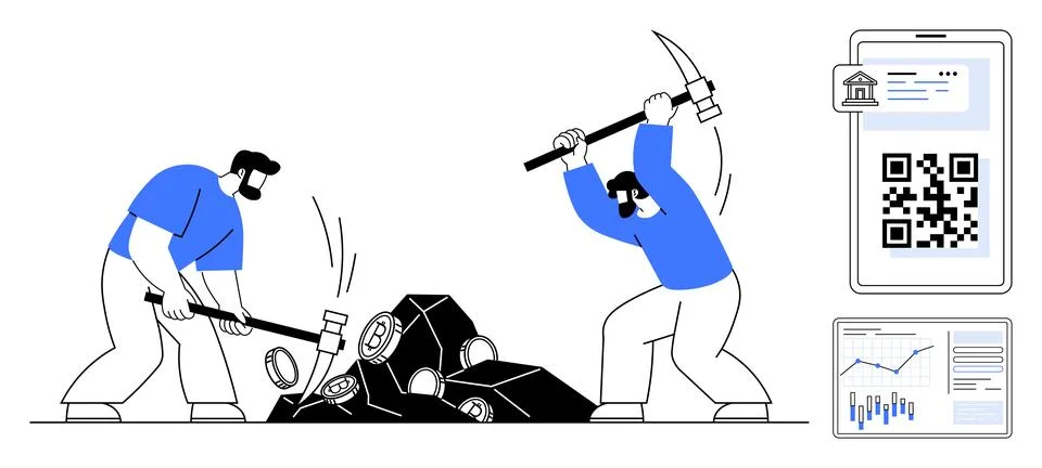 Digital Currency Mining with QR Code and Financial Data Analytics on Screens Stock Illustration