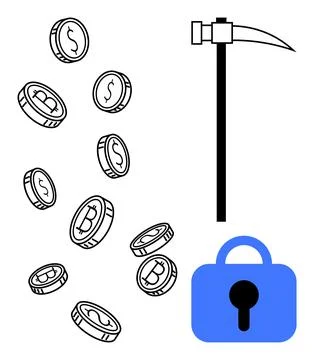 Digital Currency Security with Bitcoin Coins, Pickaxe, and Lock Symbol Stock Illustration