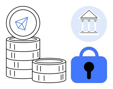 Digital Currency Security with Coins, Lock, and Financial Institution Symbols Stock Illustration