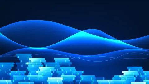 Digital currency technology background flowing data wave lines with coins, .. 스톡 일러스트