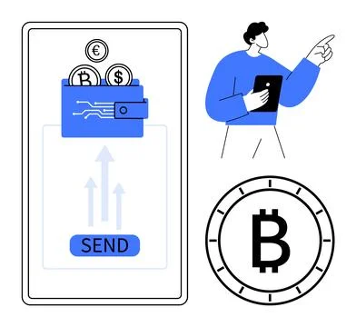 Digital Currency Transactions on Mobile App with Crypto Wallet and Bitcoin .. Illustrazione stock