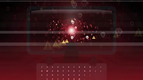 Digital Cyber Attack Animation with Red Warning Signs and Skull Icons on Stock Footage 341830250