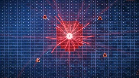 Digital Cyber Attack Animation with Red Warning Alerts on Blue Binary Data Grid 動画素材 343161457