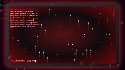 Digital Cyber Attack Interface with Red Warning Screens and Scrolling Binary Stock-Footage 343170389