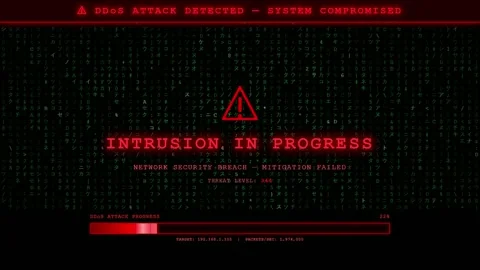 Digital Cyber Attack Interface with Red Warning Alerts and Data Stream Stock-Footage 345766400