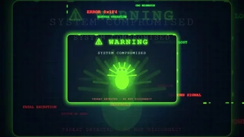 Digital Cyber Attack Warning Screen with Glitch Effects and System Compromised Stock Footage 343156926