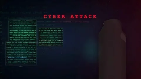 Digital Cyber Attack Warning with Scrolling Computer Code and Red Alert Text on Stock Footage 336774401