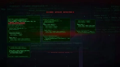 Digital Cyber Attack Warning with Scrolling Green Code and Red Error Alerts on Stock Footage 336776046