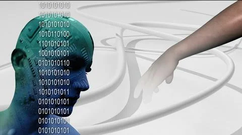 Digital Cyber Circuit Head 3D on  white background with hose end hand Ilustración de archivo