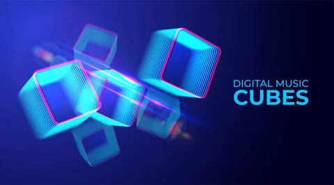 Digital cyber cube. Neon glowing cubes in motion with. Musical, gaming Stock Illustration