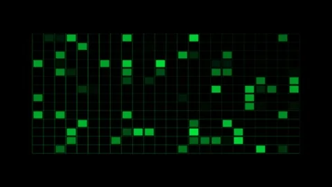 Digital Cyber Grid with Pulsing Neon Green Lines and Random Data Square Fla.. Stock Footage 346612494