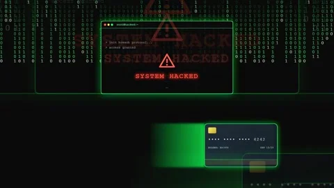Digital Cyber Security Breach Animation with System Hacked Warning and Credit Stockbeeldmateriaal 343162457