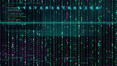 Digital cyber security breach animation with scrolling binary code and system Stock Footage 346208653