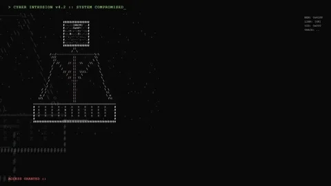 Digital Cyber Security Breach Interface with Red Alert Warning and System 库存影片 341834537