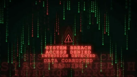 Digital Cyber Security Breach Warning with Red Alert Text and Green Binary Code 動画素材 341829256