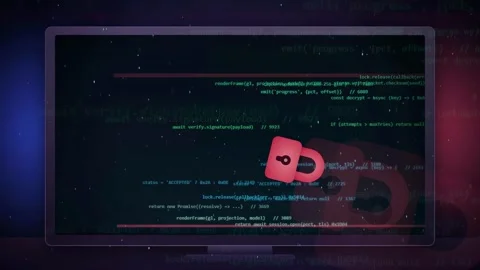 Digital Cyber Security Concept with Animated Padlock Icon and Scrolling Stock Footage 343168983