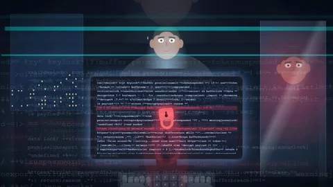 Digital Cyber Security Concept with Hacker Silhouette and Red Lock Icon on Stock Footage 343168897