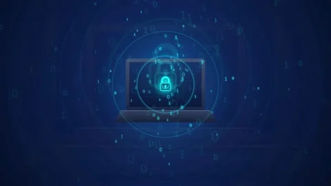 Digital Cyber Security Concept with Laptop and Glowing Lock Icon on Binary Code Stock-Footage 343159379