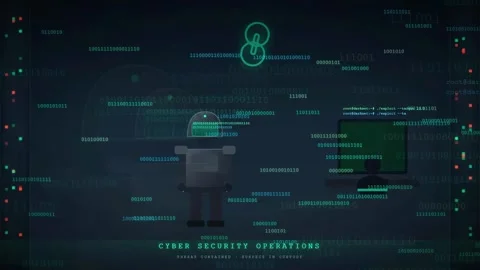 Digital Cyber Security Interface with Binary Code and Robot Icon for Data Stock-Footage 343167377