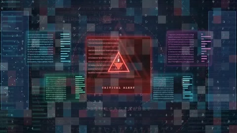 Digital Cyber Security Interface with Critical Alert Warning and Glitching Data Stock Footage 341829595