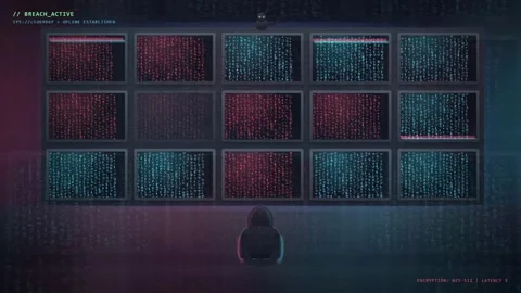 Digital Cyber Security Interface with Data Processing and System Breach Warning Stock Footage 343157703