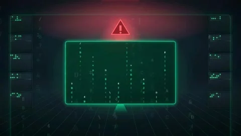 Digital Cyber Security Interface with Red Warning Alert and Green Binary Code Stock Footage 343169422
