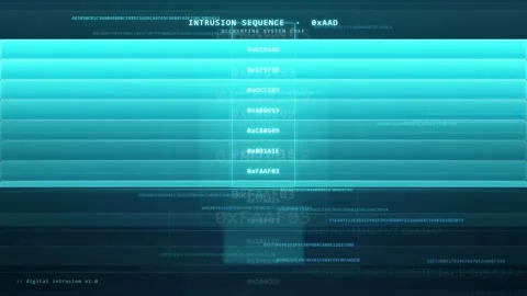 Digital cyber security interface with scrolling code and intrusion sequence Stock Footage 341825277