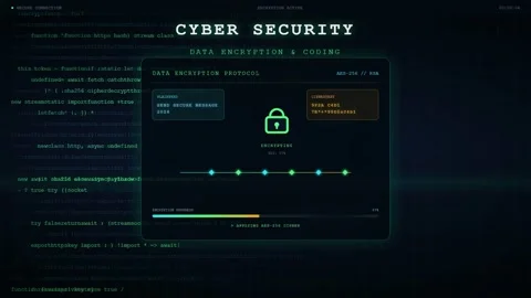 Digital cyber security interface with scrolling data encryption code and Stock Footage 345766362
