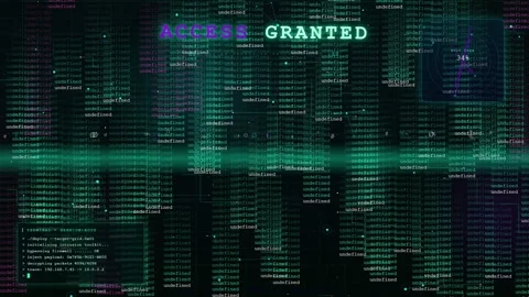 Digital cyber security interface with scrolling green code and access granted Stock Footage 346203319