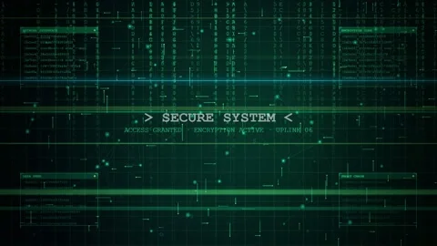 Digital cyber security interface with scrolling green binary code and secure Stock Footage 346206198