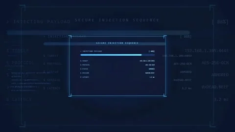 Digital Cyber Security Interface Showing Secure Payload Injection Sequence with Stock Footage 336774733