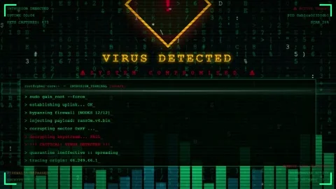 Digital Cyber Security Interface Showing Virus Detected Warning with Scrolling Stock Footage 345752376