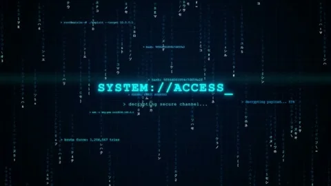 Digital Cyber Security Interface with System Access Text and Scrolling Data Stock Footage 345766258