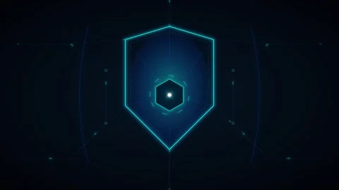 Digital cyber security shield hud interface with glowing hexagon data prote.. Видео 344863346