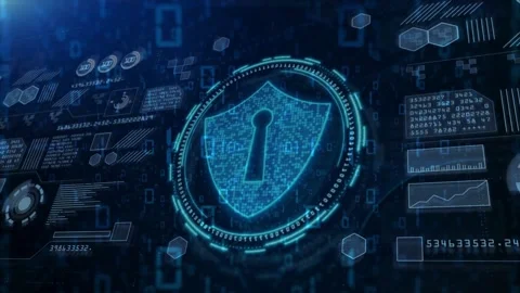 Digital Cyber Security Shield with Keyhole on HUD Interface Stock Footage 336900731