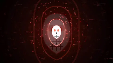 Digital Cyber Security Threat Animation with Red Glowing Skull and Binary Code Stockbeeldmateriaal 341831138
