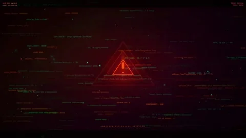Digital Cyber Security Warning with Red Triangle Alert and Scrolling Computer Stock Footage 336772389
