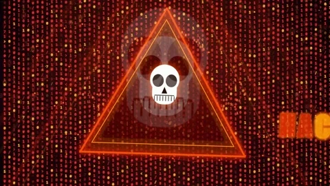 Digital Cyber Security Warning with Skull Icon and Red Binary Code Background Stockbeeldmateriaal 341833517