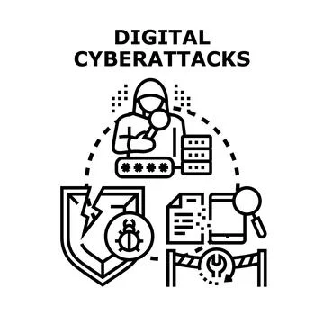 Digital cyberattacks stealing data and breaking shield security Stock Illustration