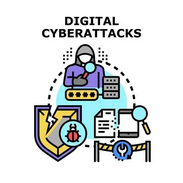 Digital cyberattacks stealing data and breaking shield security Stock Illustration