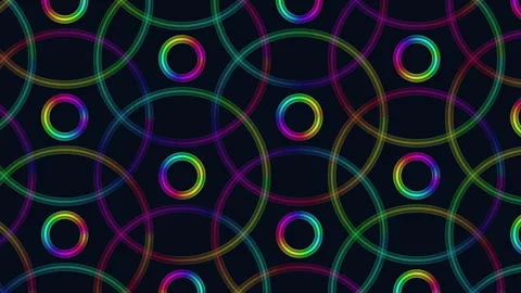 Digital cyberpunk neon pulse trace circles pattern in rows on black gradient Stock Footage 242445983