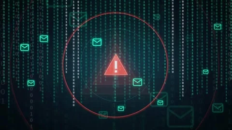 Digital Cybersecurity Alert with Warning Icon and Binary Code Data Stream on Video stock 343153140