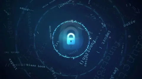 Digital cybersecurity concept with glowing blue padlock icon and rotating Stock Footage 341823976